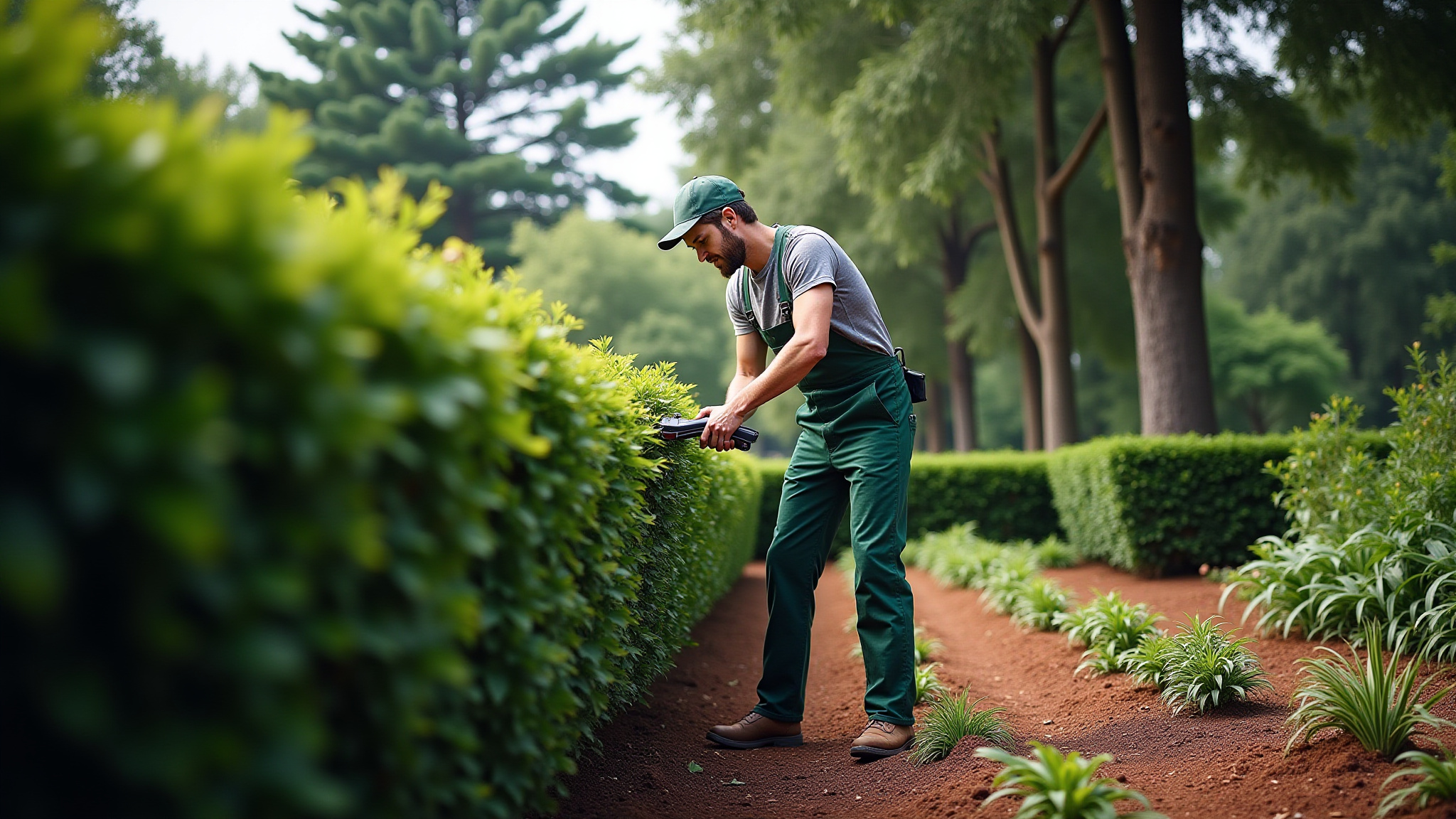 Καλαίσθητος κήπος με πράσινες φυτεύσεις και περιποιημένα παρτέρια